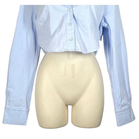 Emory Park‎ Crop Collared Button Front Shirt Size L Blue L/S Elastic Band NWT - Picture 13 of 16